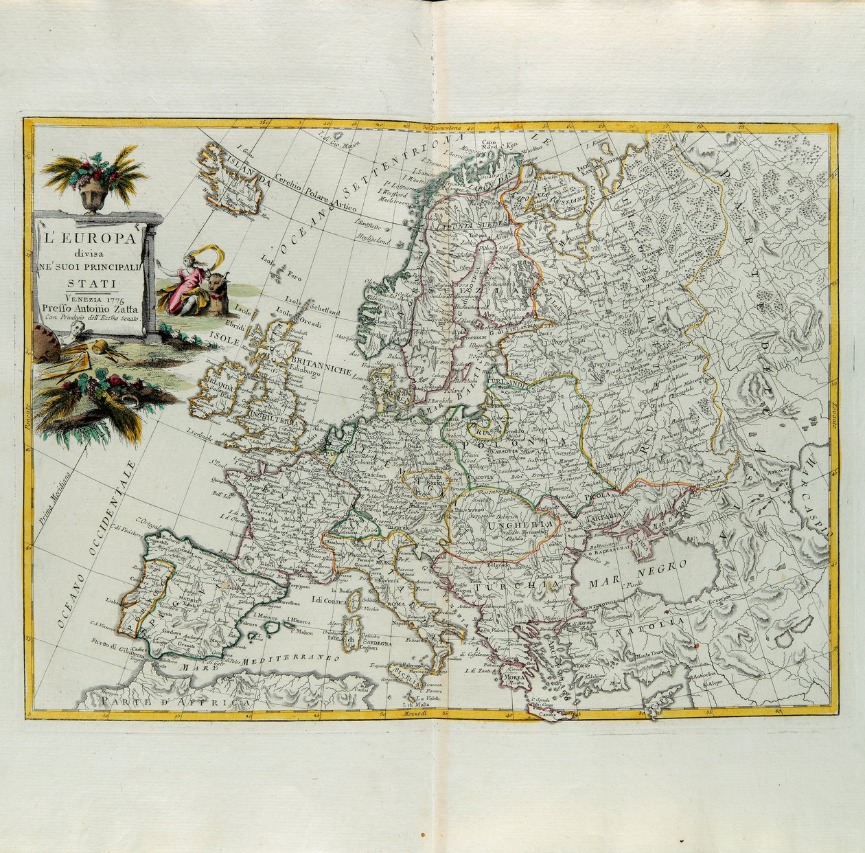 Europa dividida en sus principales estados, grabado por G. Zuliani tomado del Tomo I del Nuevo Atlas publicado en Venecia en 1776 por Antonio Zatta, Colección Privada de G. Zuliani