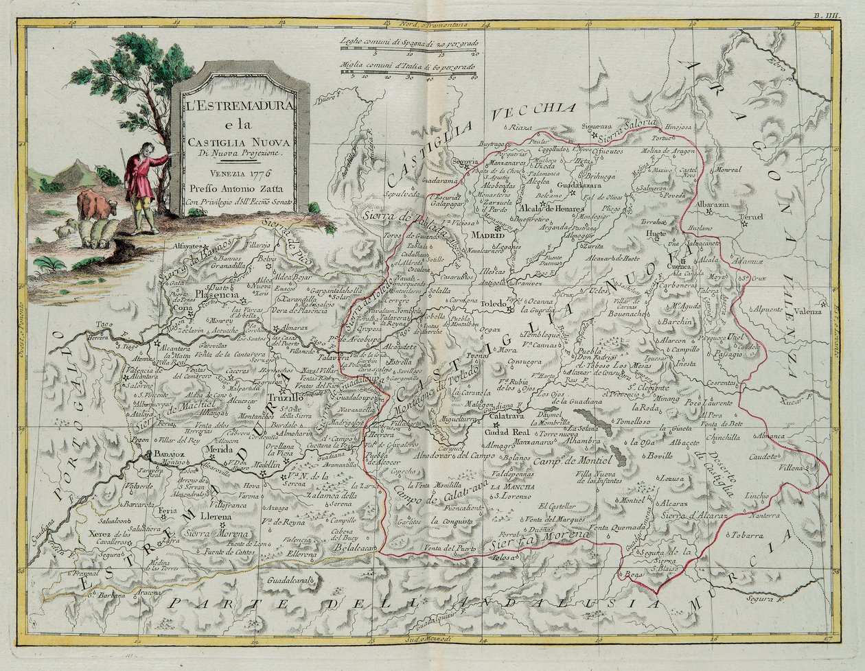 Extremadura y Castilla la Nueva, grabado por G. Zuliani tomado del Tomo I del Nuevo Atlas publicado en Venecia en 1776 por Antonio Zatta, Colección Privada de G. Zuliani