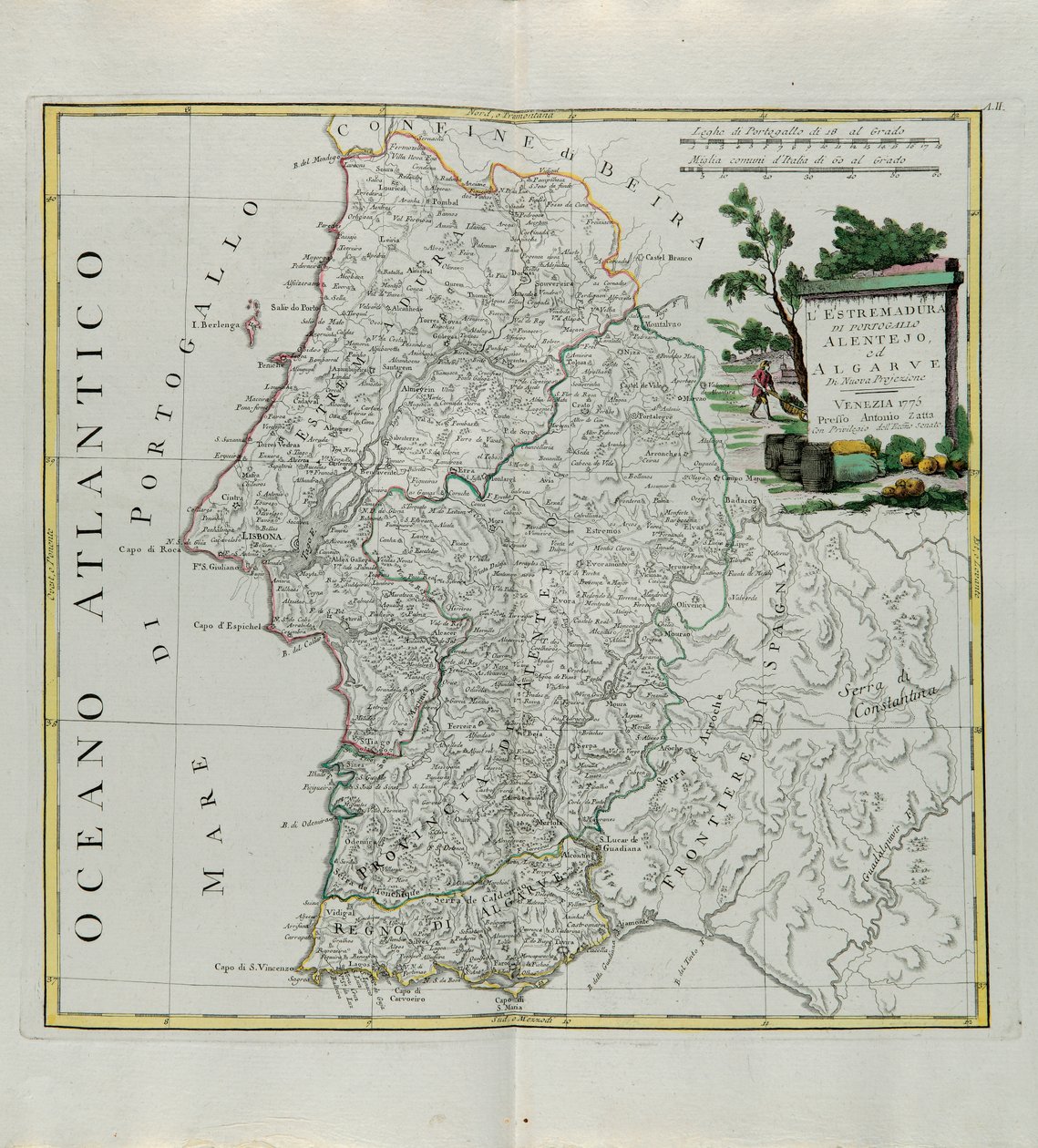 Extremadura de Portugal Alentejo o Algarve, grabado por G. Zuliani tomado del Tomo I del Nuevo Atlas publicado en Venecia en 1776 por Antonio Zatta, Colección Privada de G. Zuliani
