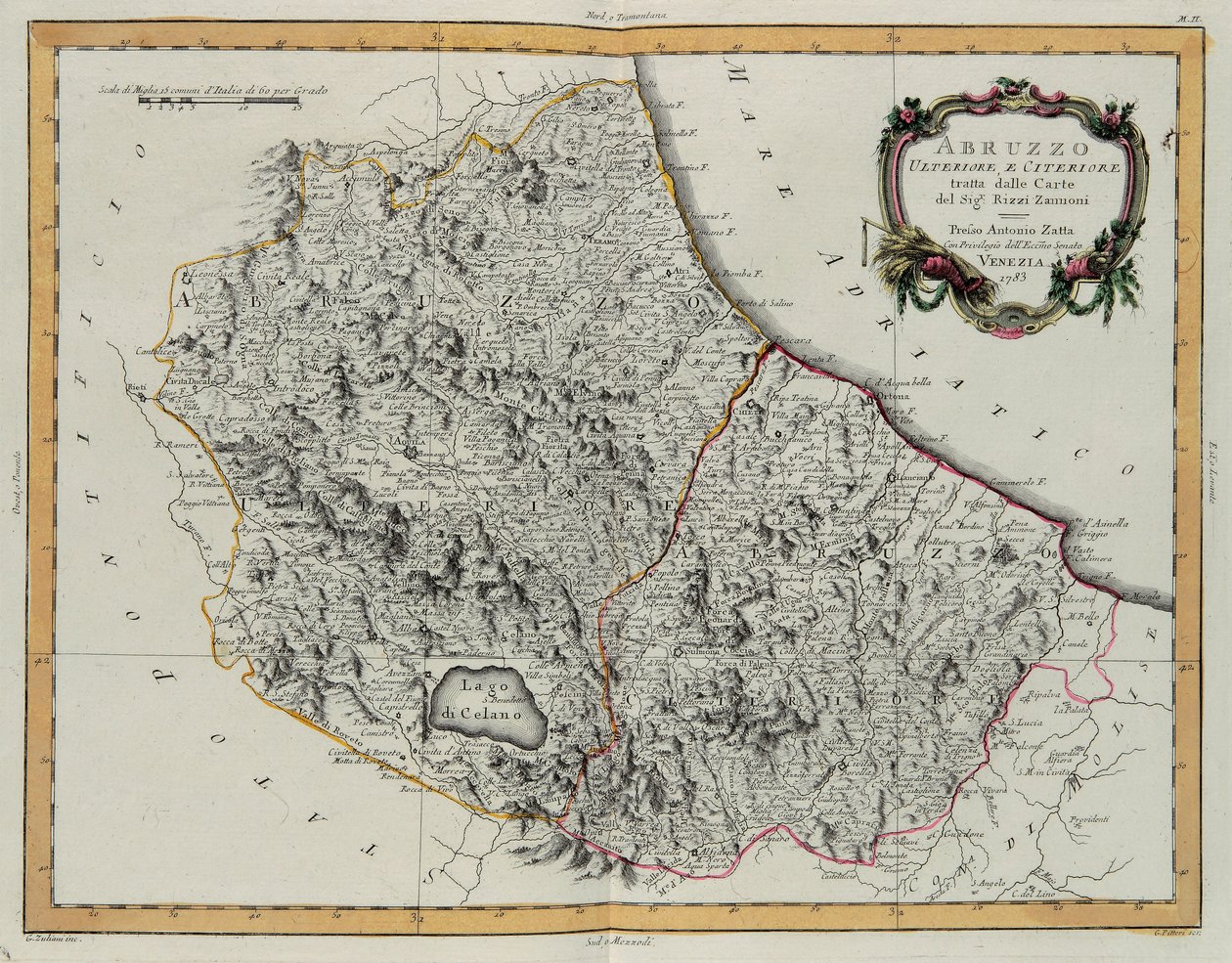 Abruzzo Superior e Inferior, grabado por G. Zuliani tomado del Tomo II del "Atlas Más Nuevo" publicado en Venecia en 1783 por Antonio Zatta, Colección Privada de G. Zuliani