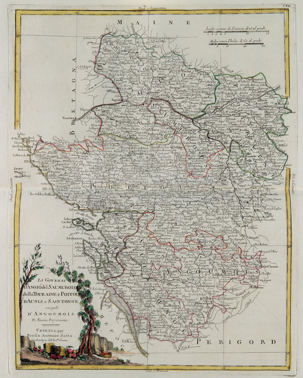 Gobernaciones de Anjou, Saumurois, Touraine y Poitou, Aunis y Saintonge con la de Angoumois, grabado por G. Zuliani tomado del Tomo I del Nuevo Atlas publicado en Venecia en 1777 por Antonio Zatta de G. Zuliani