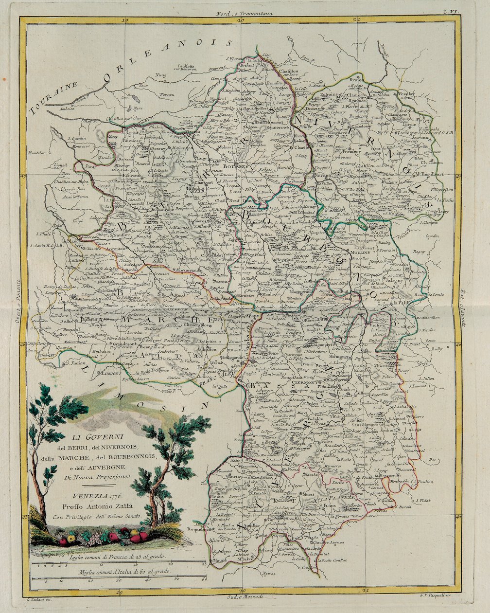 Gobernaciones de Berri, Nivernois, Marche, Borbón y Auvernia, grabado por G. Zuliani tomado del Tomo I del Nuevo Atlas publicado en Venecia en 1776 por Antonio Zatta, Colección Privada de G. Zuliani