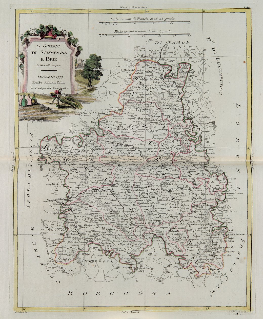 Gobernaciones de Champaña y Brie, grabado por G. Zuliani tomado del Tomo I del Nuevo Atlas publicado en Venecia en 1777 por Antonio Zatta, Colección Privada de G. Zuliani