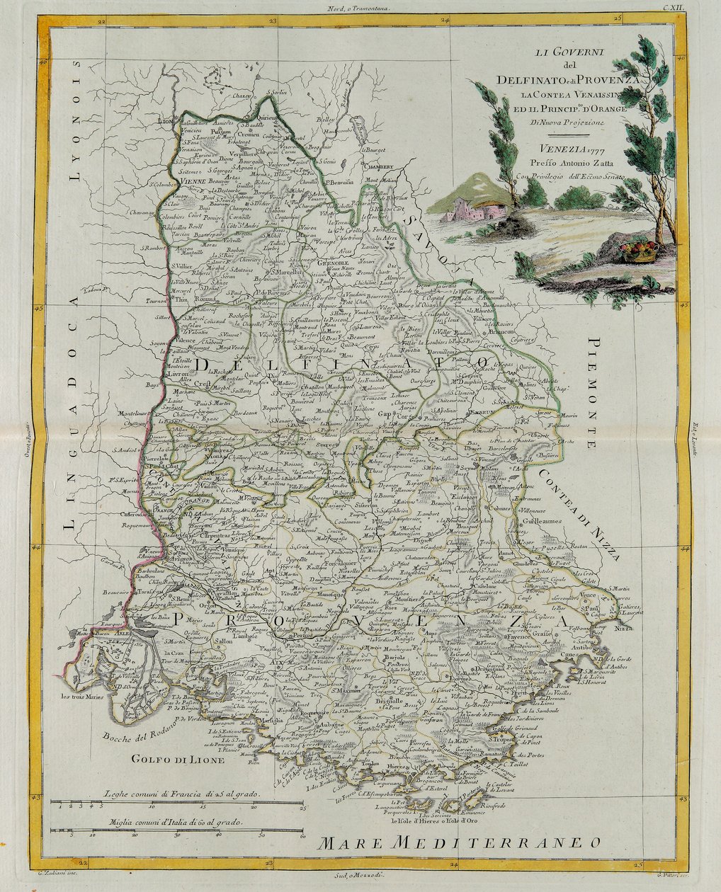 Gobernaciones de Delfinado, Provenza, el Condado de Venaissin y el Principado de Orange, grabado por G. Zuliani tomado del Tomo I del Nuevo Atlas publicado en Venecia en 1777 por Antonio Zatta, Colección Privada de G. Zuliani