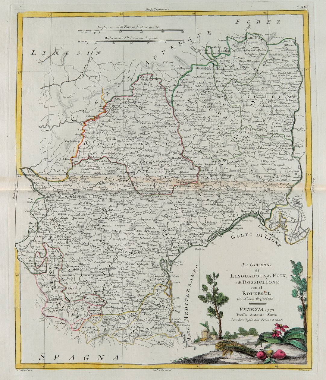 Gobernaciones de Languedoc, Foix y Rosellón con Rouergue, grabado por G. Zuliani tomado del Tomo I del Nuevo Atlas publicado en Venecia en 1777 por Antonio Zatta, Colección Privada de G. Zuliani