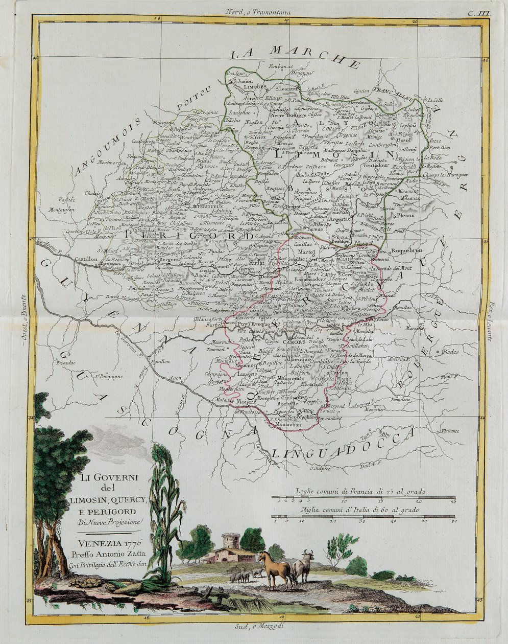 Gobernaciones de Limosín, Quercy y Périgord, grabado por G. Zuliani tomado del Tomo I del Nuevo Atlas publicado en Venecia en 1776 por Antonio Zatta, Colección Privada de G. Zuliani