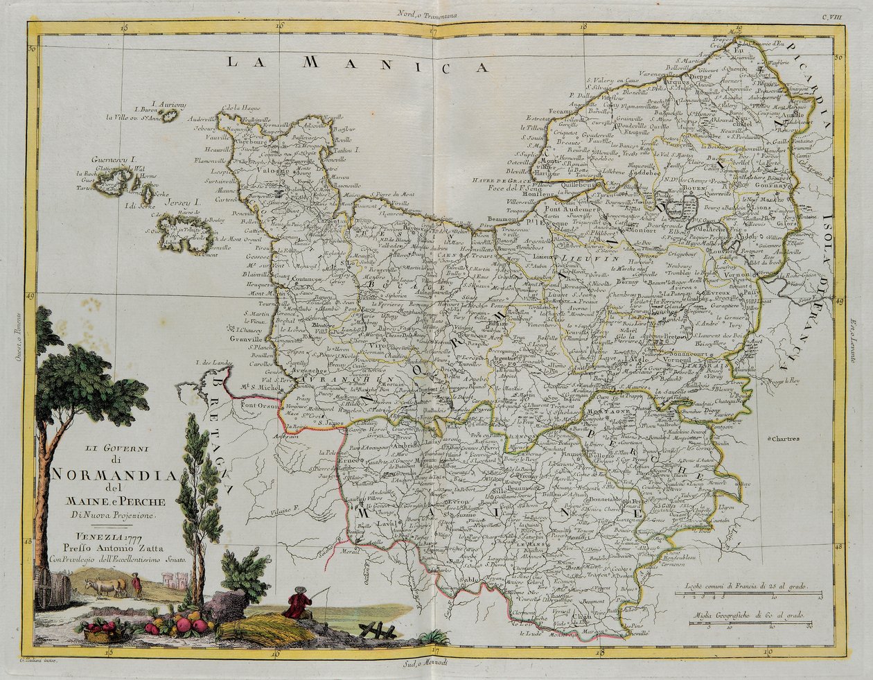 Gobernaciones de Normandía, Maine y Perche, grabado por G. Zuliani tomado del Tomo I del Nuevo Atlas publicado en Venecia en 1777 por Antonio Zatta, Colección Privada de G. Zuliani
