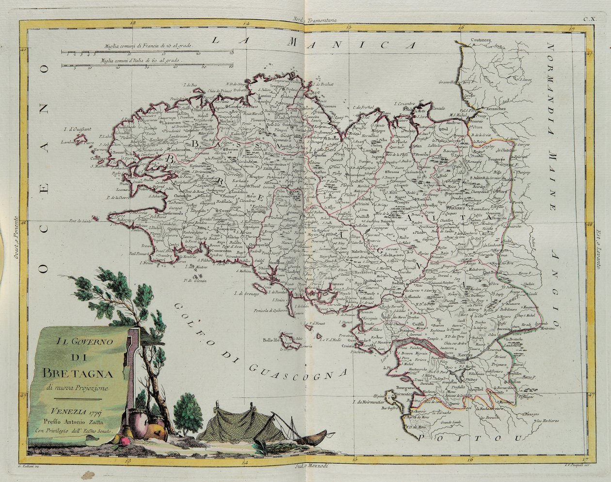 Golfo de Bretaña, grabado por G. Zuliani tomado del Tomo I del Nuevo Atlas publicado en Venecia en 1777 por Antonio Zatta, Colección Privada de G. Zuliani