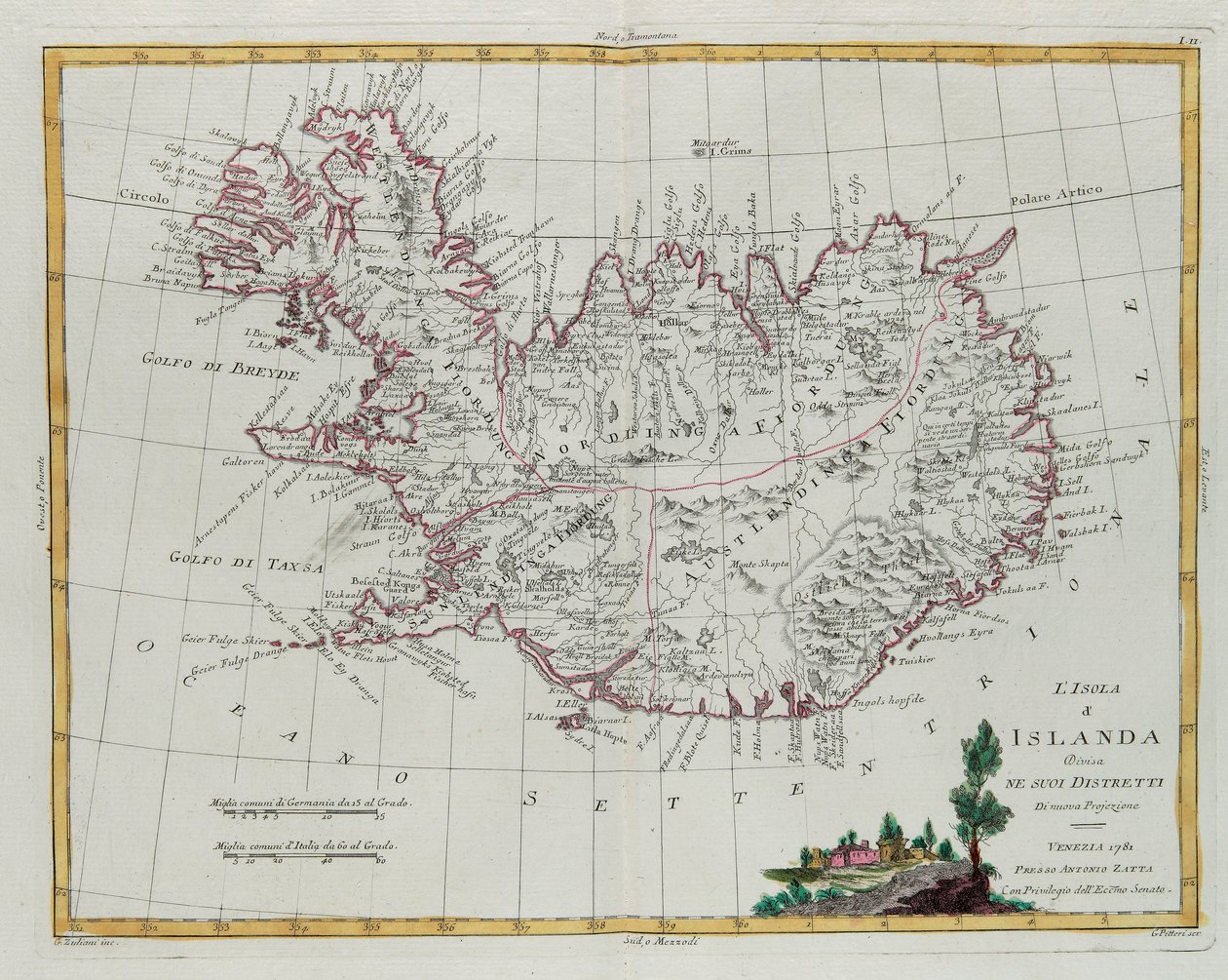 Islandia dividida en sus distritos, grabado por G. Zuliani tomado del Tomo III del "Atlas Más Nuevo" publicado en Venecia en 1781 por Antonio Zatta, Colección Privada de G. Zuliani