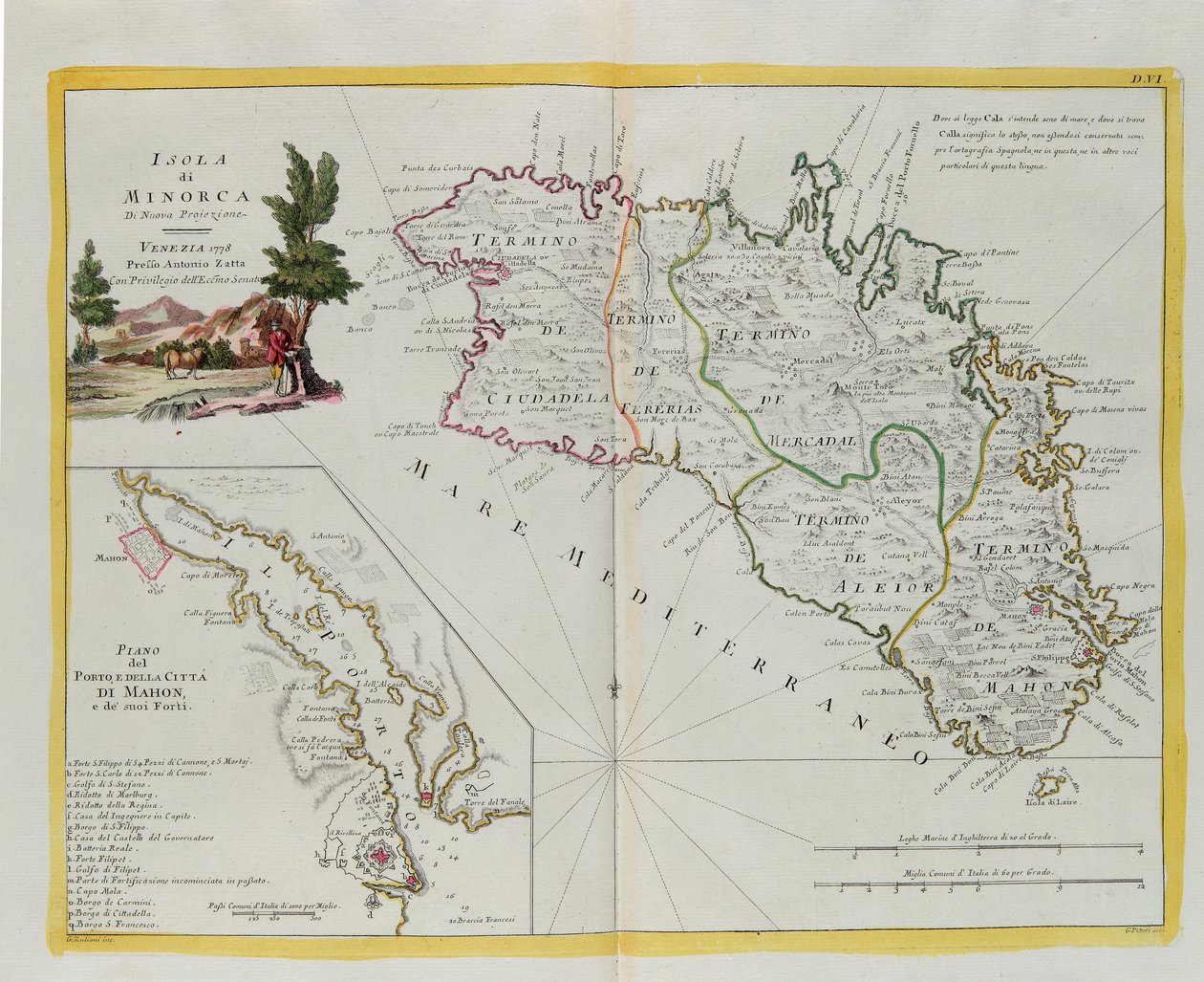 Isla de Menorca y el plano del puerto y la ciudad de Mahón y sus Fortalezas, grabado por G. Zuliani tomado del Tomo I del "Atlas Más Nuevo" publicado en Venecia en 1778 por Antonio Zatta, Colección Privada de G. Zuliani