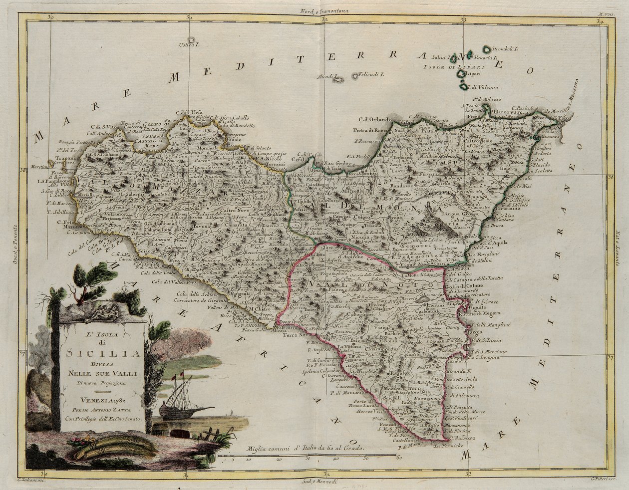 Isla de Sicilia, dividida en sus valles, grabado por G. Zuliani tomado del Tomo II del Nuevo Atlas publicado en Venecia en 1782 por Antonio Zatta, Colección Privada de G. Zuliani