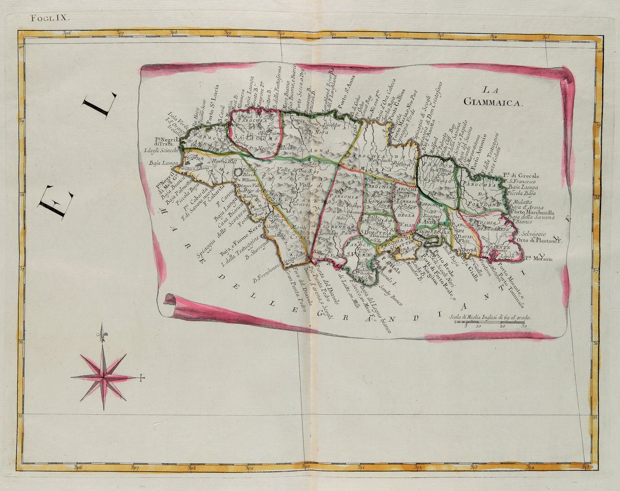Jamaica, grabado por G. Zuliani del "Atlas Más Nuevo" publicado en Venecia en 1778 por Antonio Zatta, Colección Privada de G. Zuliani