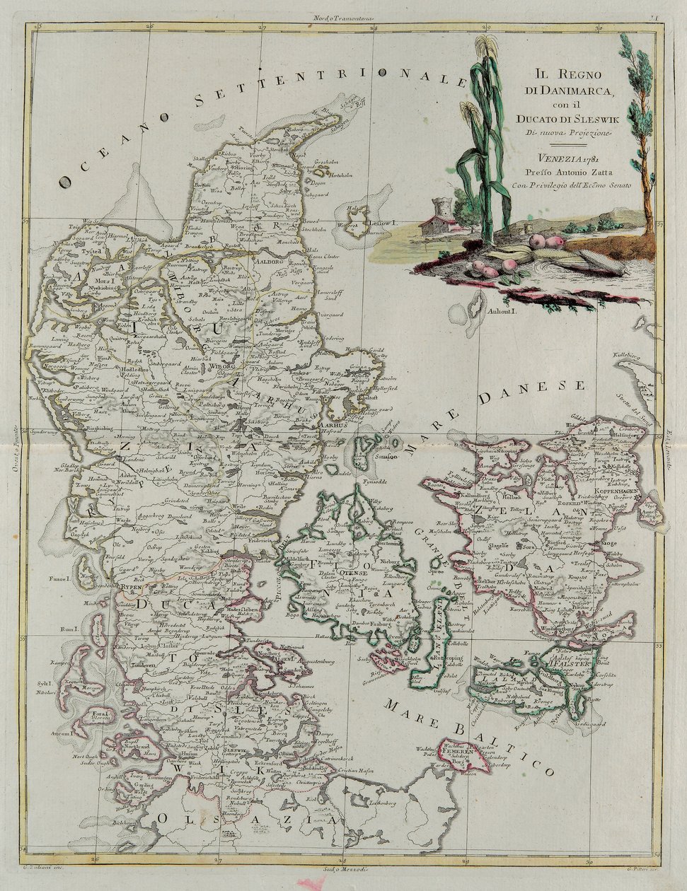 Reino de Dinamarca con el Ducado de Slesvik, grabado por G. Zuliani del "Atlas Más Nuevo" publicado en Venecia en 1781 por Antonio Zatta, Colección Privada de G. Zuliani