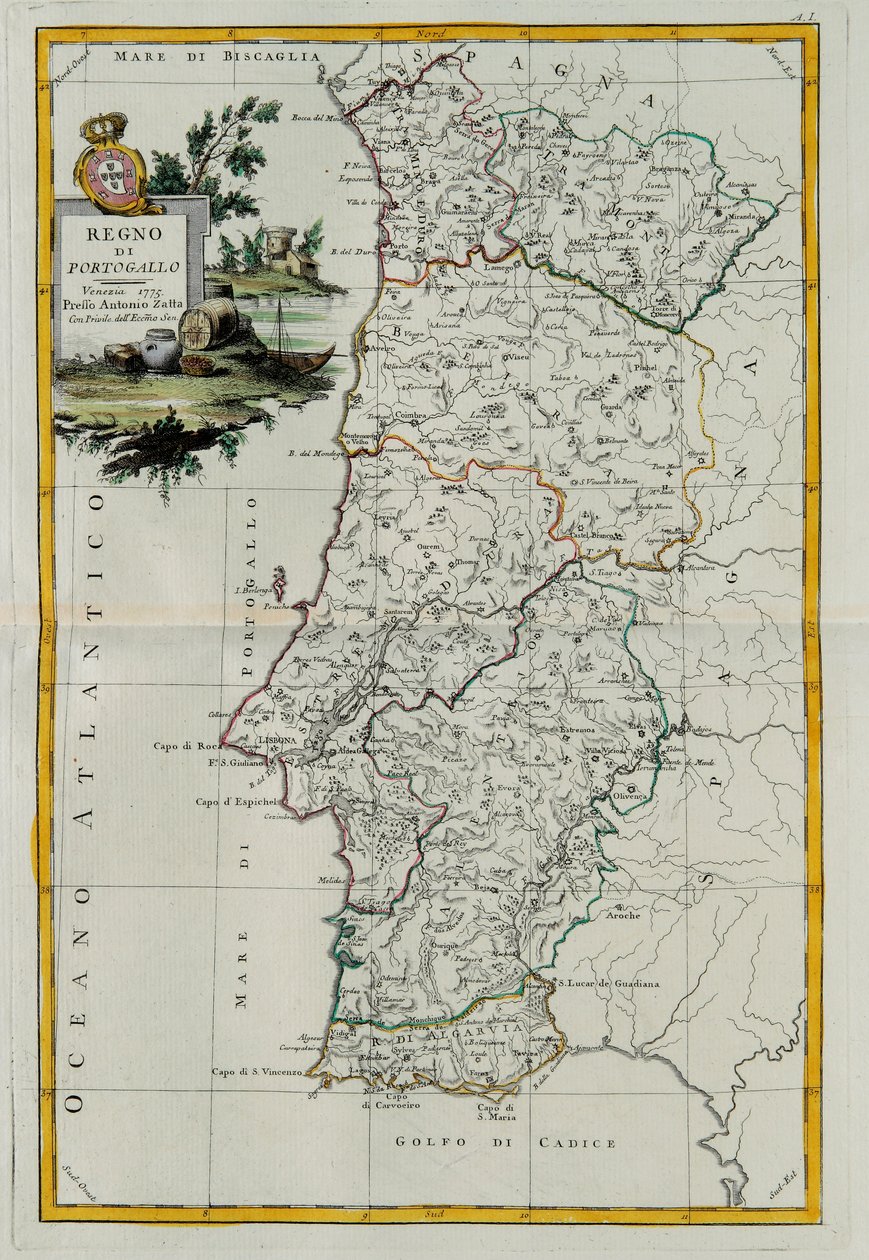 Reino de Portugal, grabado por G. Zuliani tomado del Tomo I del Nuevo Atlas publicado en Venecia en 1776 por Antonio Zatta, Colección Privada de G. Zuliani