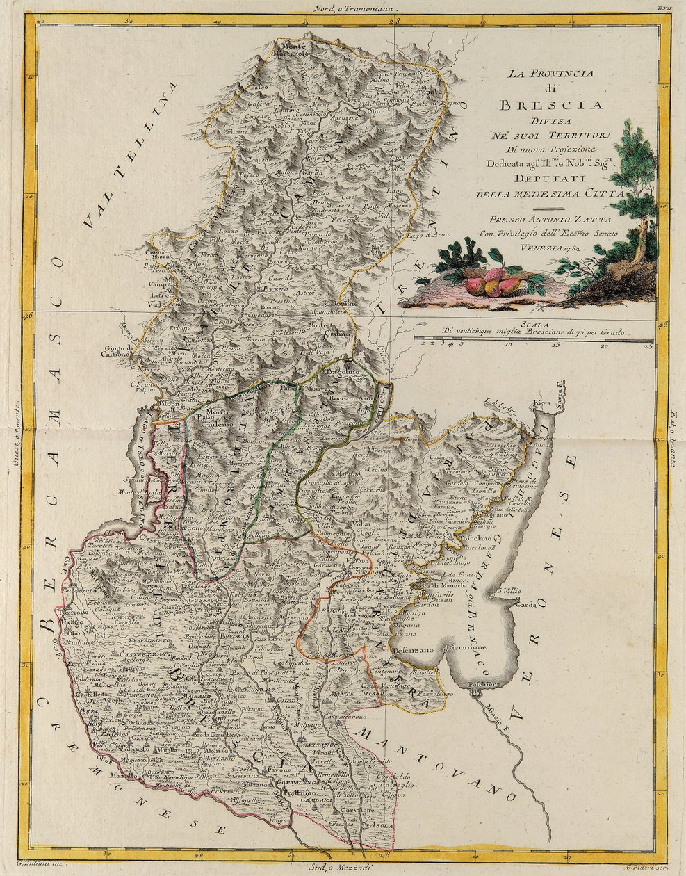 Área terrestre del Estado del Véneto: Brescia, grabado por G. Zuliani tomado del Tomo II del "Atlas Más Nuevo" publicado en Venecia en 1783 por Antonio Zatta, Colección Privada de G. Zuliani