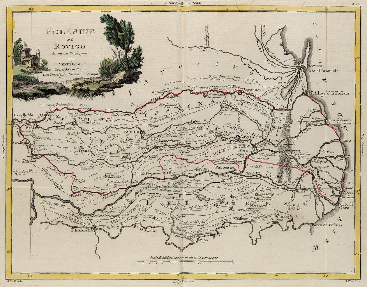 Área terrestre del Estado de Veneto: área de Rovigo, grabado por G. Zuliani tomado del Tomo II del "Atlas Más Nuevo" publicado en Venecia en 1782 por Antonio Zatta, Colección Privada de G. Zuliani
