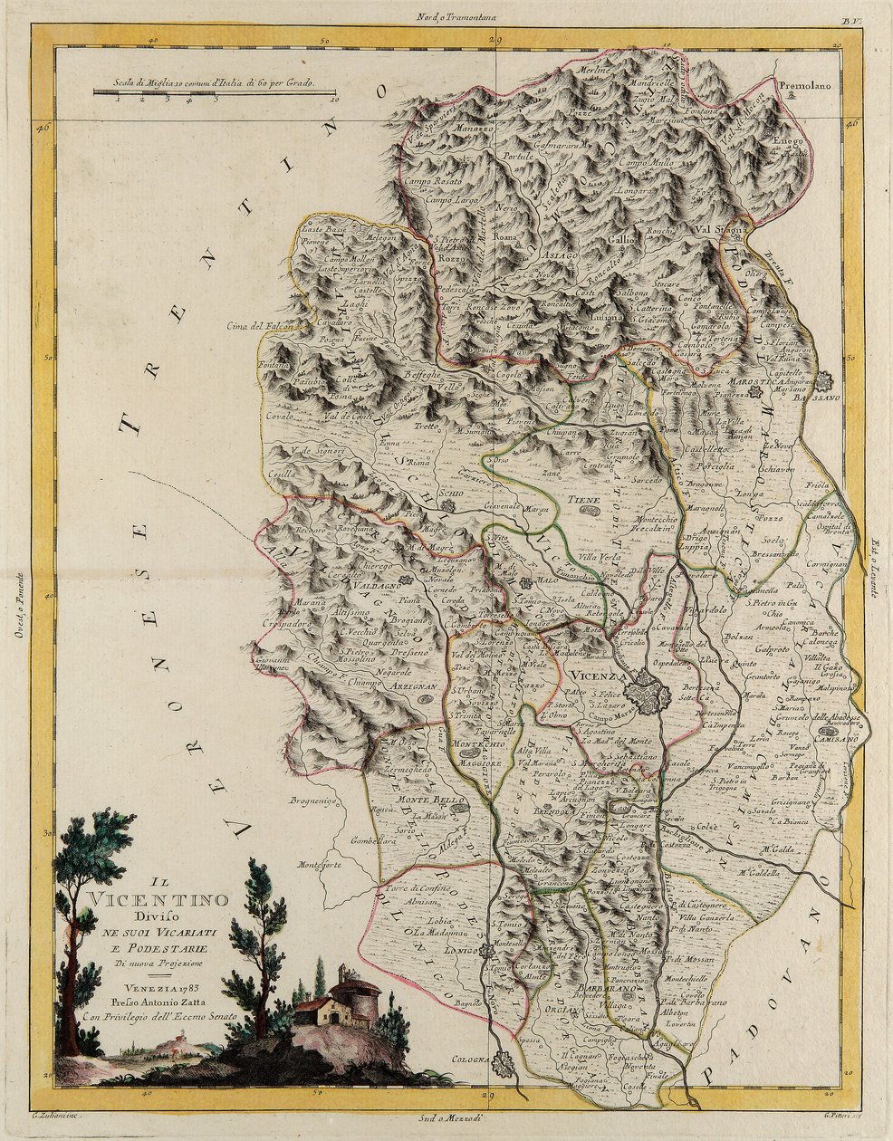 Área terrestre del Estado del Véneto: área de Vicenza dividida en sus obispados y magistraturas, grabado por G. Zuliani tomado del Tomo II del "Atlas Más Nuevo" publicado en Venecia en 1782 por Antonio Zatta, Colección Privada de G. Zuliani
