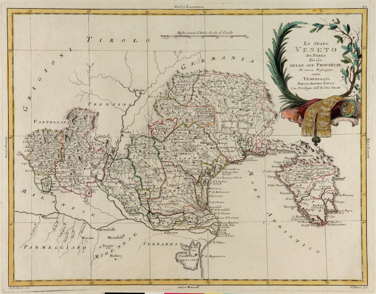 Área terrestre del Estado del Véneto, dividida en sus Provincias, grabado por G. Zuliani tomado del Tomo II del "Atlas Más Nuevo" publicado en Venecia en 1782 por Antonio Zatta, Colección Privada de G. Zuliani