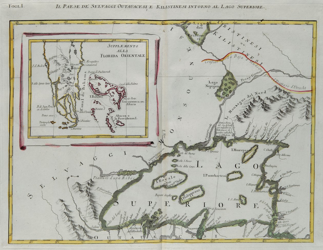 Tierra de los indios Ottawa y Kilistine alrededor del Lago Superior y un suplemento de la Florida oriental, grabado por G. Zuliani del "Atlas Más Nuevo" publicado en Venecia en 1778 por Antonio Zatta, Colección Privada de G. Zuliani