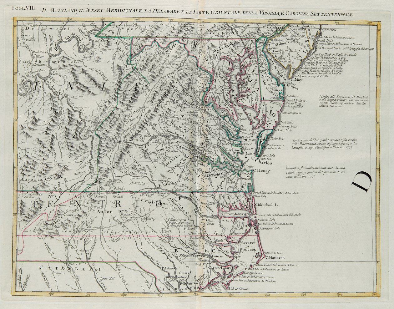 Maryland, sur de Nueva Jersey, Delaware y la parte oriental de Virginia y Carolina del Norte, grabado por G. Zuliani del "Atlas Más Nuevo" publicado en Venecia en 1778 por Antonio Zatta, Colección Privada de G. Zuliani
