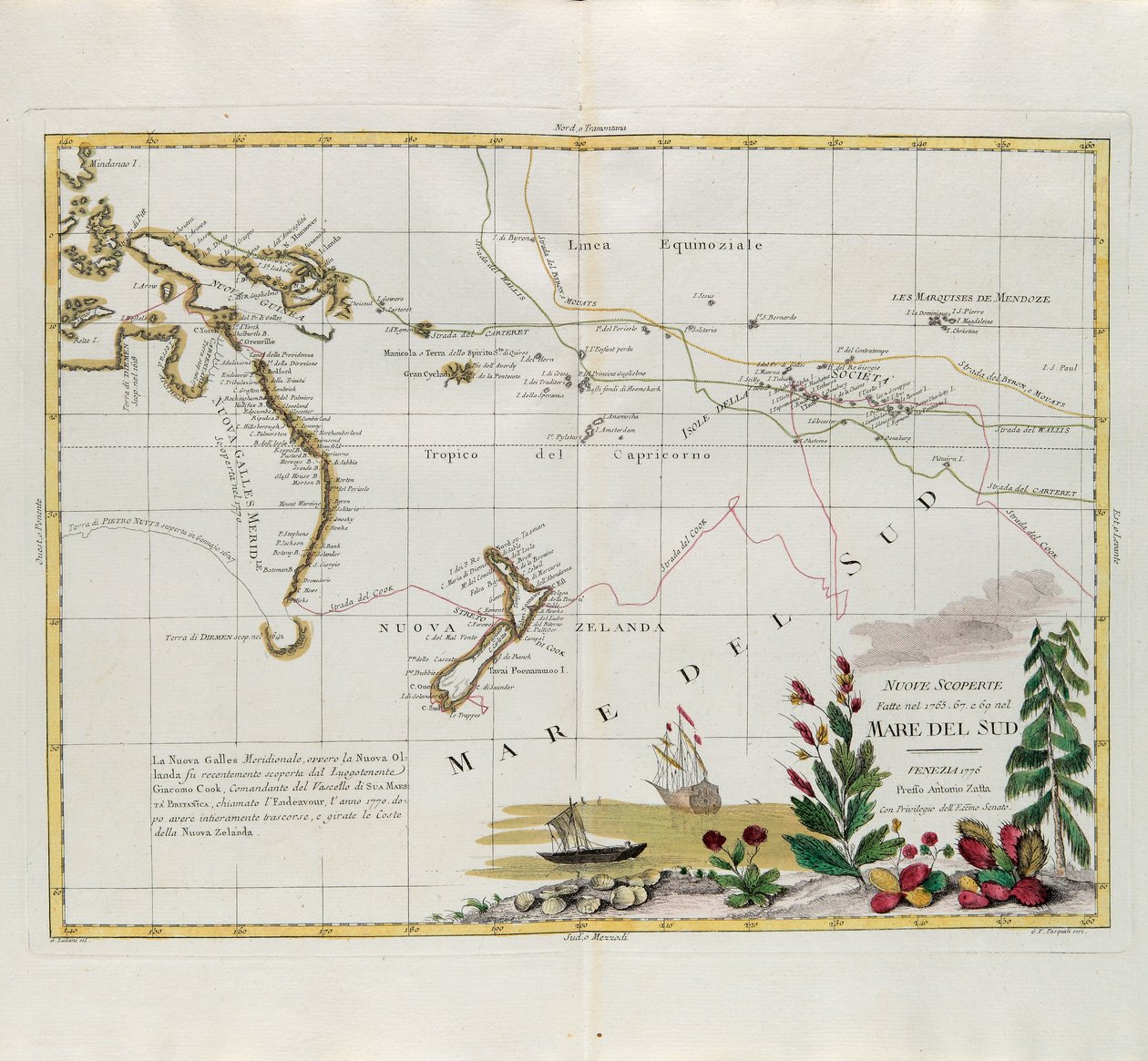 Nuevos descubrimientos hechos en 1775, 67 y 69 en los Mares del Sur, grabado por G. Zuliani tomado del Tomo I del Nuevo Atlas publicado en Venecia en 1776 por Antonio Zatta, Colección Privada de G. Zuliani