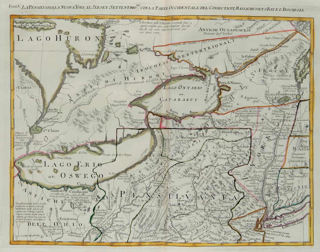 Pensilvania, Nueva York, sur de Nueva Jersey, con la parte occidental de Connecticut, Bahía de Massachusetts y Tierra de los Iroqueses, grabado por G. Zuliani tomado del Tomo I del "Atlas más nuevo" publicado en Venecia en 1778 por Antonio Zatta, Colección de G. Zuliani