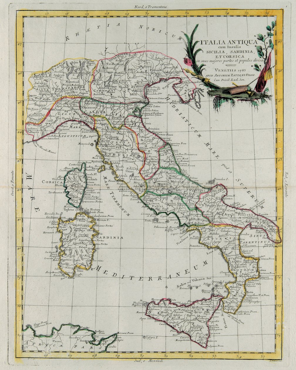 Mapa político de Italia, grabado por G. Zuliani del "Atlas Más Nuevo" publicado en Venecia en 1785 por Antonio Zatta, Colección Privada de G. Zuliani