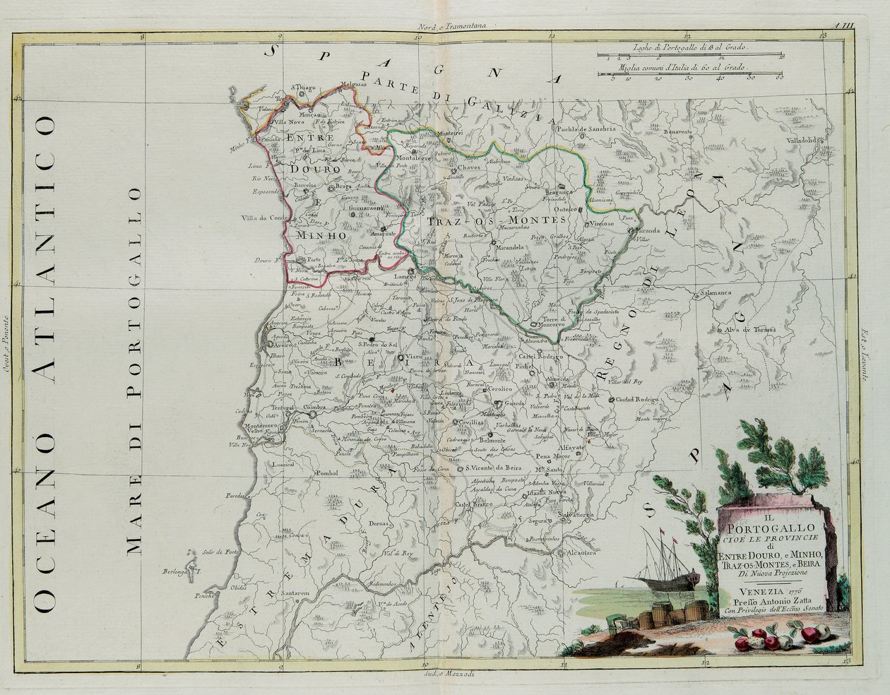 Portugal, es decir, las provincias de Entre Douro, Minho, Traz-os-Montes y Beir, grabado por G. Zuliani tomado del Tomo I del Nuevo Atlas publicado en Venecia en 1776 por Antonio Zatta, Colección Privada de G. Zuliani