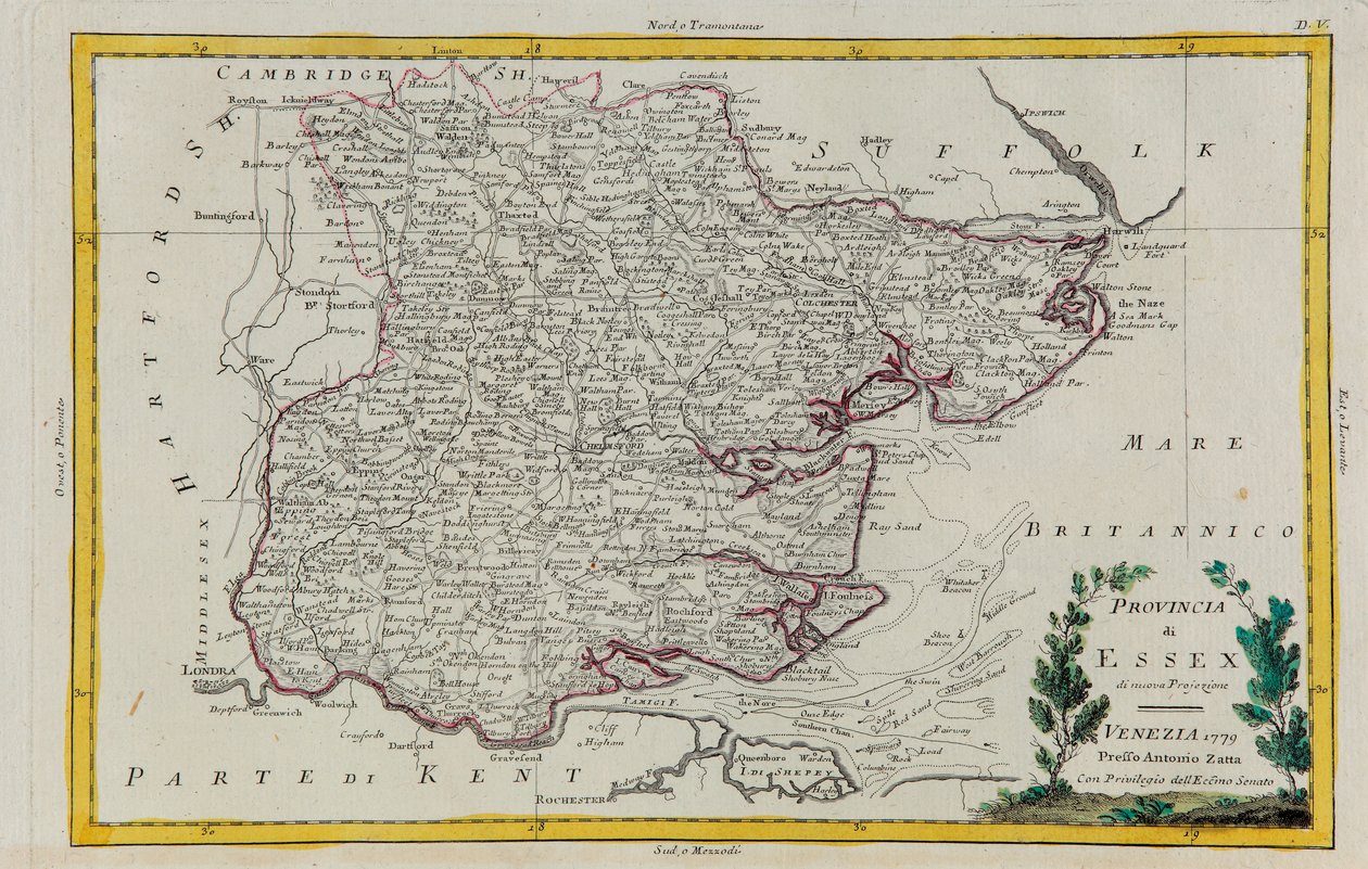 Provincia de Essex, grabado por G. Zuliani tomado del Tomo I del "Atlas Más Nuevo" publicado en Venecia en 1779 por Antonio Zatta, Colección Privada de G. Zuliani