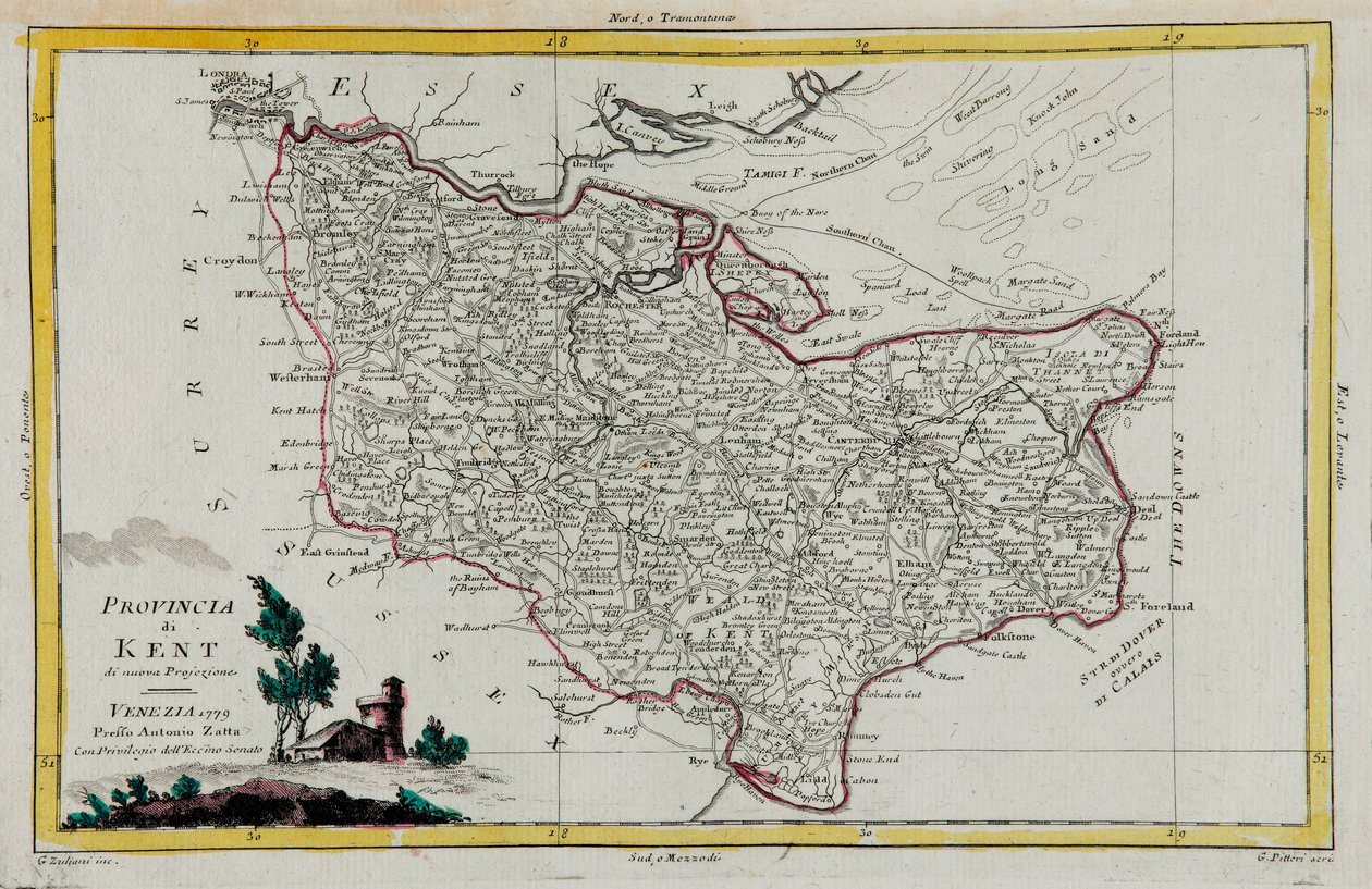 Provincia de Kent, grabado por G. Zuliani tomado del Tomo I del "Atlas más nuevo" publicado en Venecia en 1779 por Antonio Zatta, Colección Privada de G. Zuliani