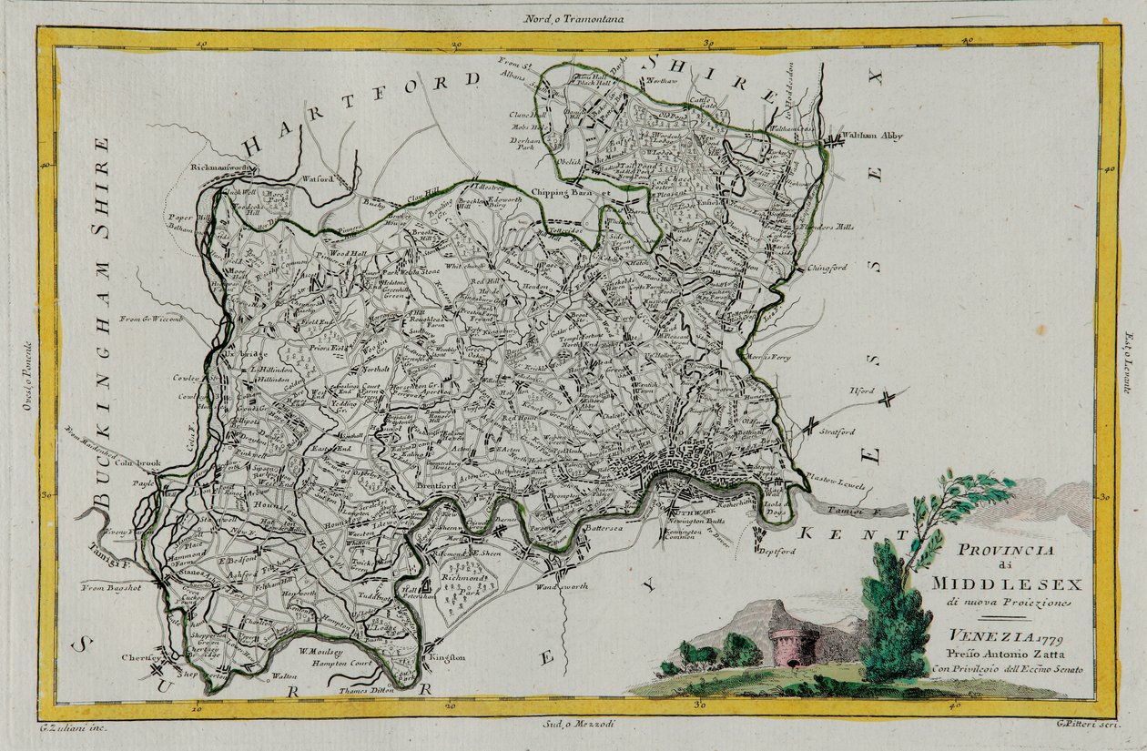 Provincia de Middlesex, grabado por G. Zuliani del "Atlas Más Nuevo" publicado en Venecia en 1779 por Antonio Zatta, Colección Privada de G. Zuliani