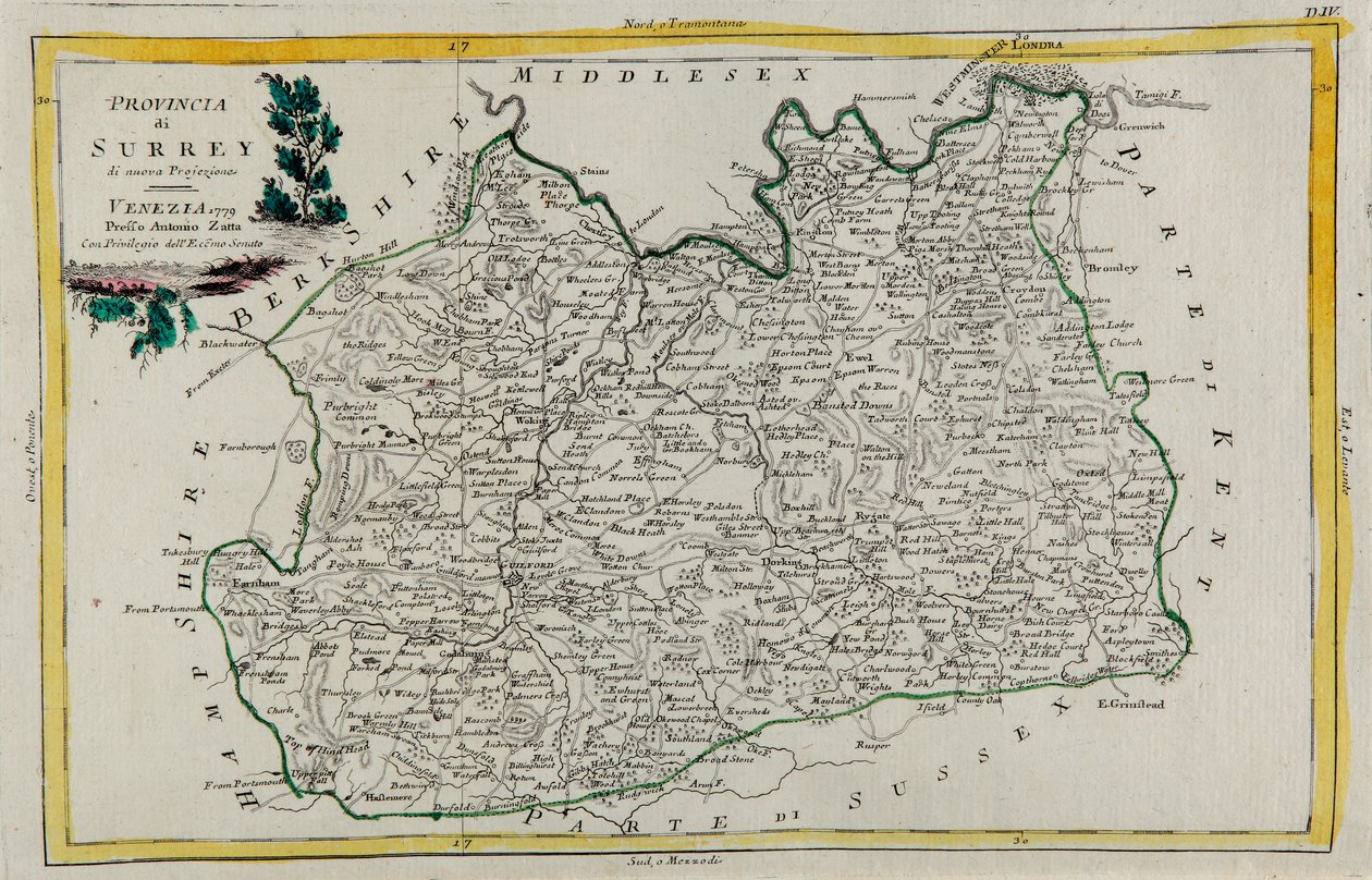 Provincia de Surrey, grabado por G. Zuliani tomado del Tomo I del "Atlas más nuevo" publicado en Venecia en 1779 por Antonio Zatta, Colección Privada de G. Zuliani