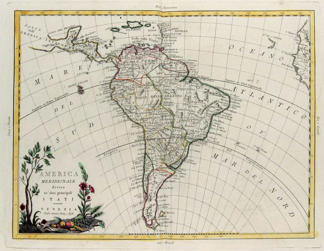 Sudamérica dividida en sus principales Estados, grabado por G. Zuliani tomado del Tomo IV del "Atlas Más Nuevo" publicado en Venecia por Antonio Zatta, Colección Privada de G. Zuliani