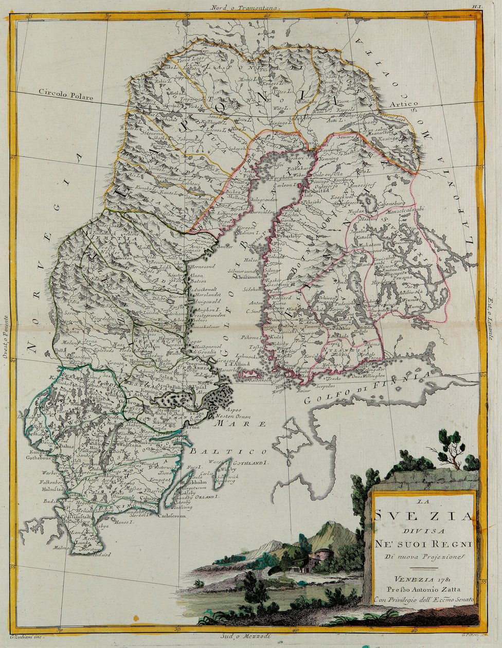 Suecia dividida en sus reinos, grabado por G. Zuliani tomado del Tomo III del "Atlas Más Nuevo" publicado en Venecia en 1781 por Antonio Zatta, Colección Privada de G. Zuliani