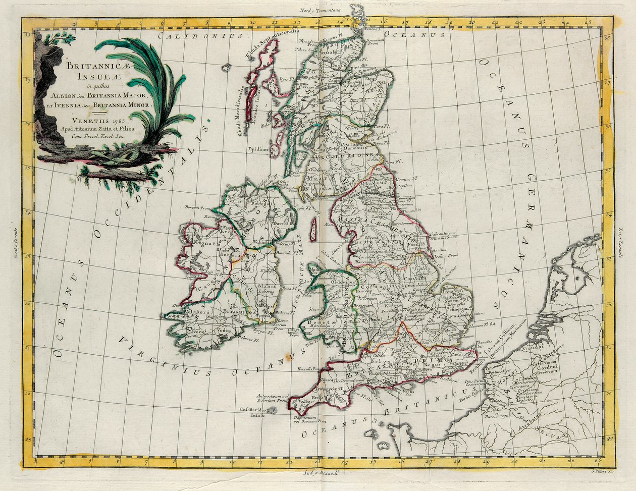 Las Islas Británicas en las que se encuentran Albion o Gran Bretaña e Ivernia o Pequeña Bretaña, grabado por G. Zuliani tomado del Tomo I del Nuevo Atlas publicado en Venecia en 1785 por Antonio Zatta de G. Zuliani