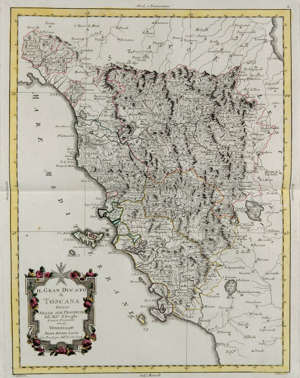 El Gran Ducado de Toscana dividido en sus provincias, grabado por G. Zuliani tomado del Tomo II del "Atlas Más Nuevo" publicado en Venecia en 1783 por Antonio Zatta, Colección Privada de G. Zuliani