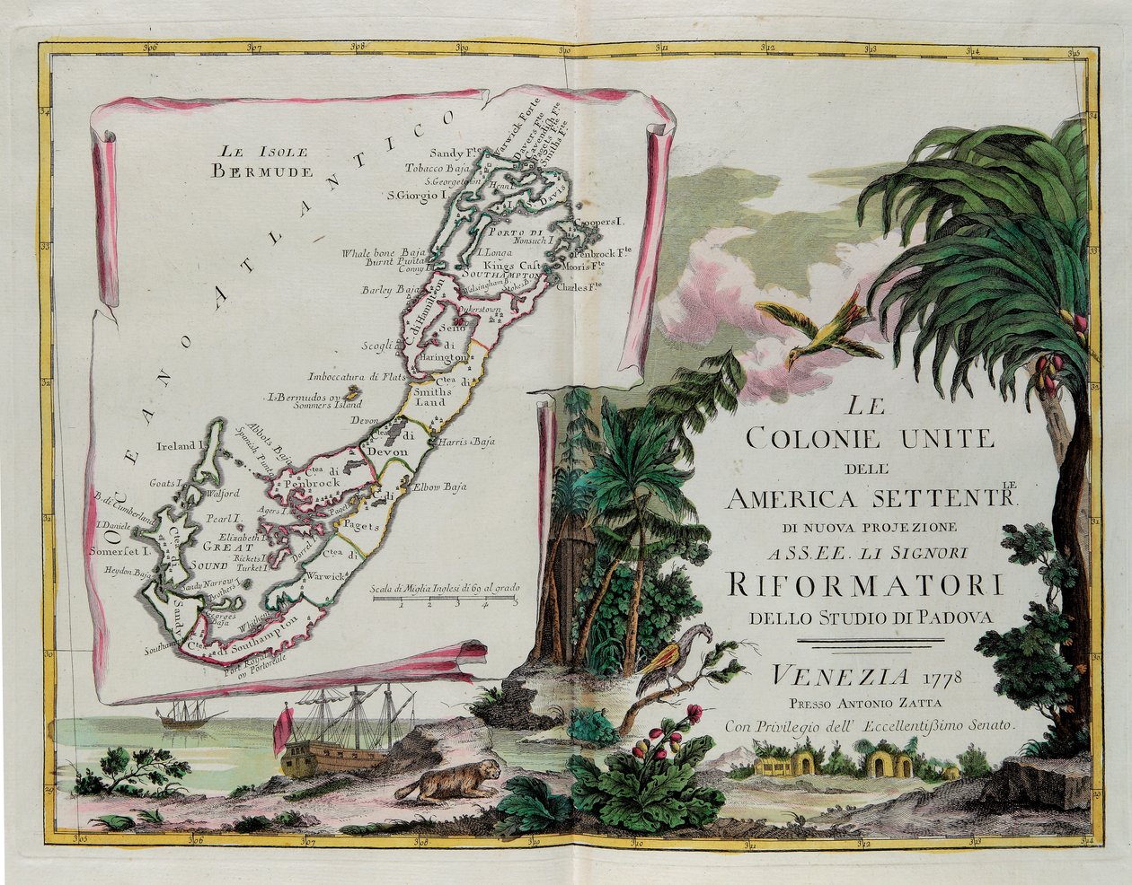 Las Islas de Bermudas y el frontispicio de la sección dedicada a las Colonias Unidas de América del Norte, grabado por G. Zuliani del "Atlas Más Nuevo" publicado en Venecia en 1778 por Antonio Zatta, Colección Privada de G. Zuliani