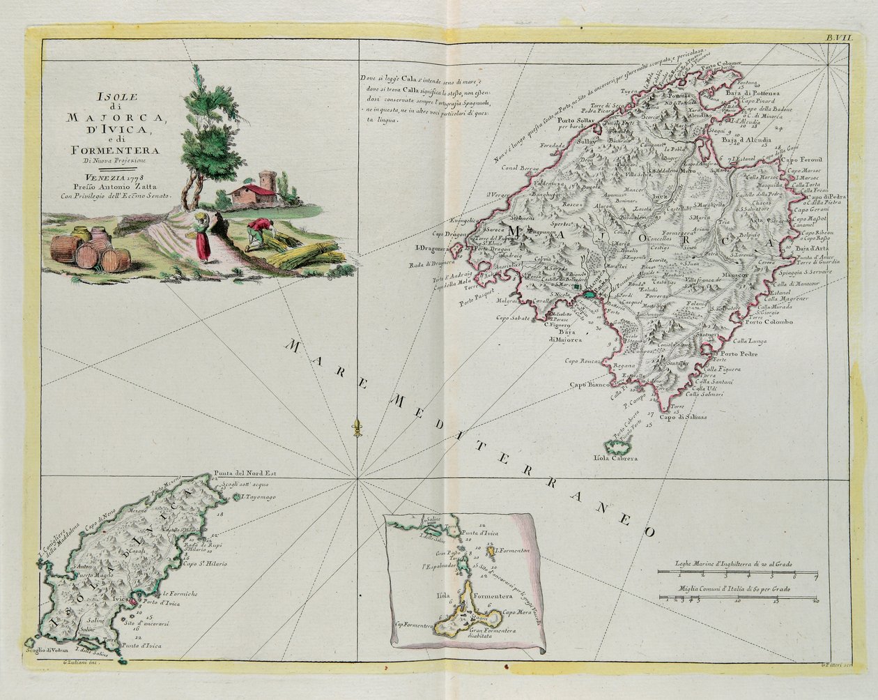 Las Islas de Mallorca, Ivica y Formentera, grabado por G. Zuliani del "Atlas Más Nuevo" publicado en Venecia en 1778 por Antonio Zatta, Colección Privada de G. Zuliani