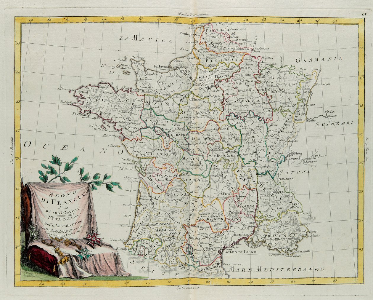 El Reino de Francia dividido en sus gobernaciones, grabado por G. Zuliani tomado del Tomo I del Nuevo Atlas publicado en Venecia en 1776 por Antonio Zatta, Colección Privada de G. Zuliani