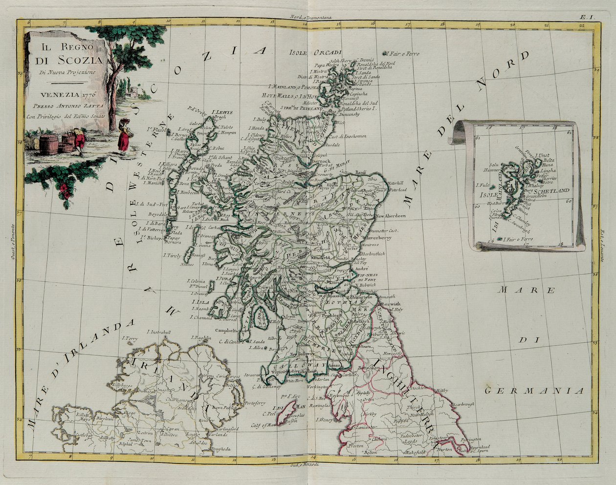 El Reino de Escocia, grabado por G. Zuliani tomado del Tomo I del Nuevo Atlas publicado en Venecia en 1776 por Antonio Zatta, Colección Privada de G. Zuliani