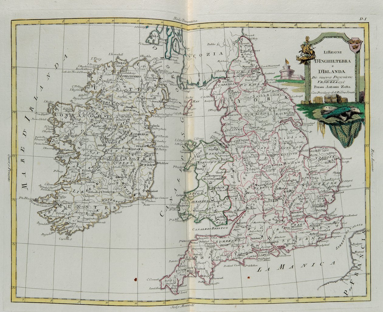Los Reinos de Inglaterra e Irlanda, grabado por G. Zuliani tomado del Tomo I del Nuevo Atlas publicado en Venecia en 1776 por Antonio Zatta, Colección Privada de G. Zuliani
