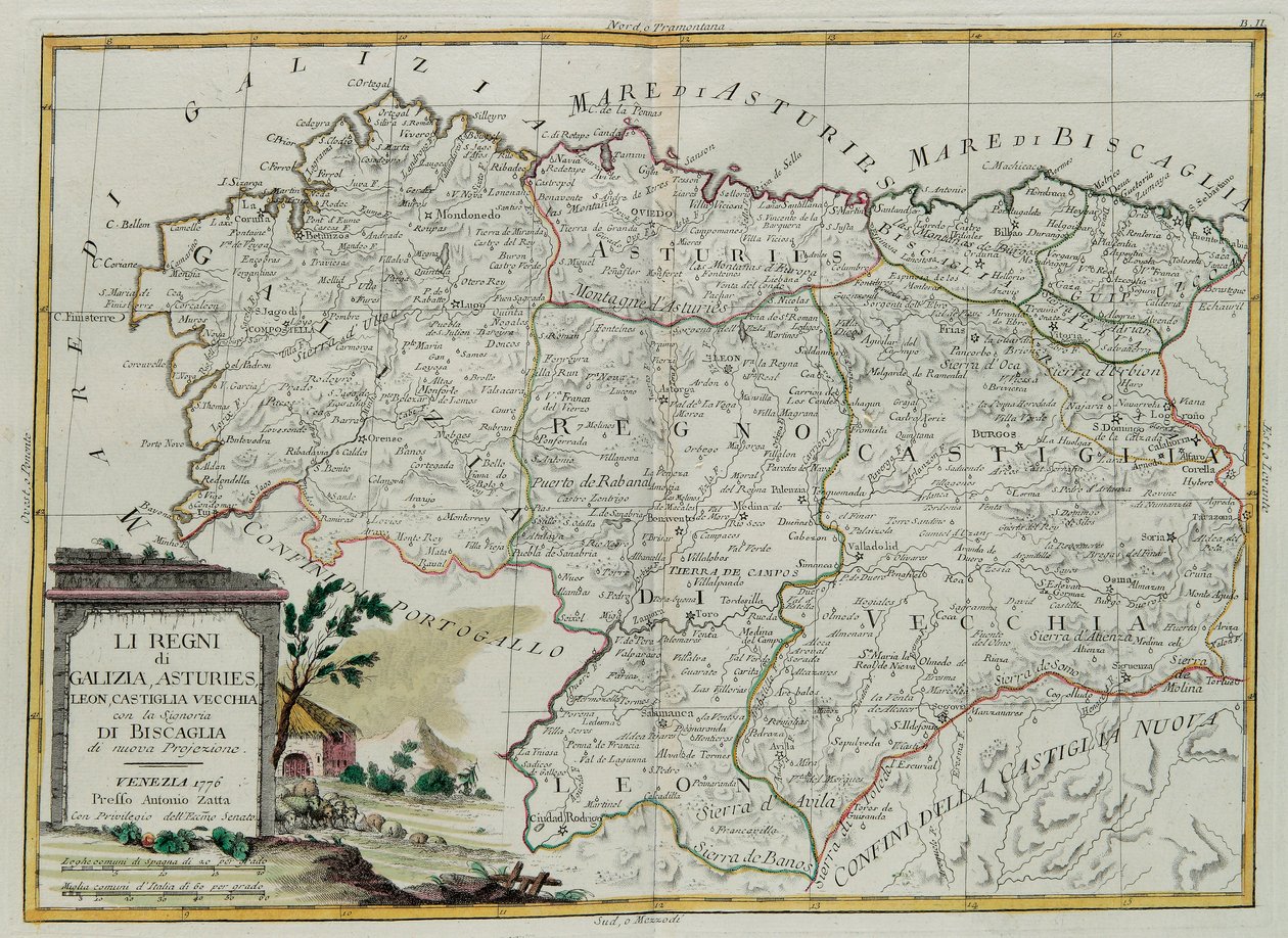Los Reinos de Galicia, Asturias, León, Castilla Vieja con el Consejo de Vizcaya, grabado por G. Zuliani tomado del Tomo I del Nuevo Atlas publicado en Venecia en 1776 por Antonio Zatta, Colección Privada de G. Zuliani