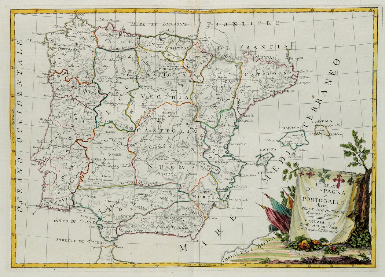 Los Reinos de España y Portugal divididos en sus provincias, grabado por G. Zuliani tomado del Tomo I del Nuevo Atlas publicado en Venecia en 1775 por Antonio Zatta, Colección Privada de G. Zuliani