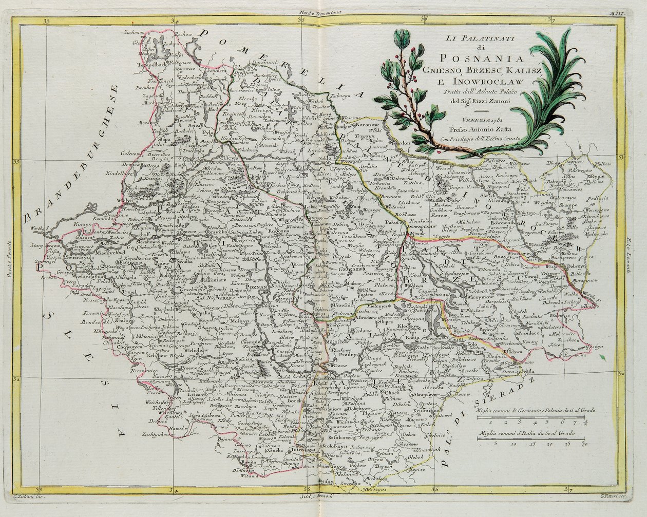 Los Palatinados de Posnania, Gniesno, Brzesc, Kalisz e Inovroclav, grabado por G. Zuliani del "Atlas Más Nuevo" publicado en Venecia en 1781 por Antonio Zatta, Colección Privada de G. Zuliani