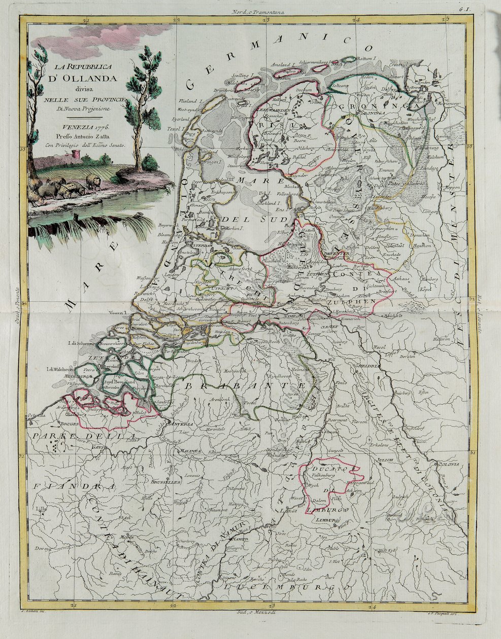 La República de Holanda dividida en sus provincias, grabado por G. Zuliani tomado del Tomo I del Nuevo Atlas publicado en Venecia en 1776 por Antonio Zatta, Colección Privada de G. Zuliani