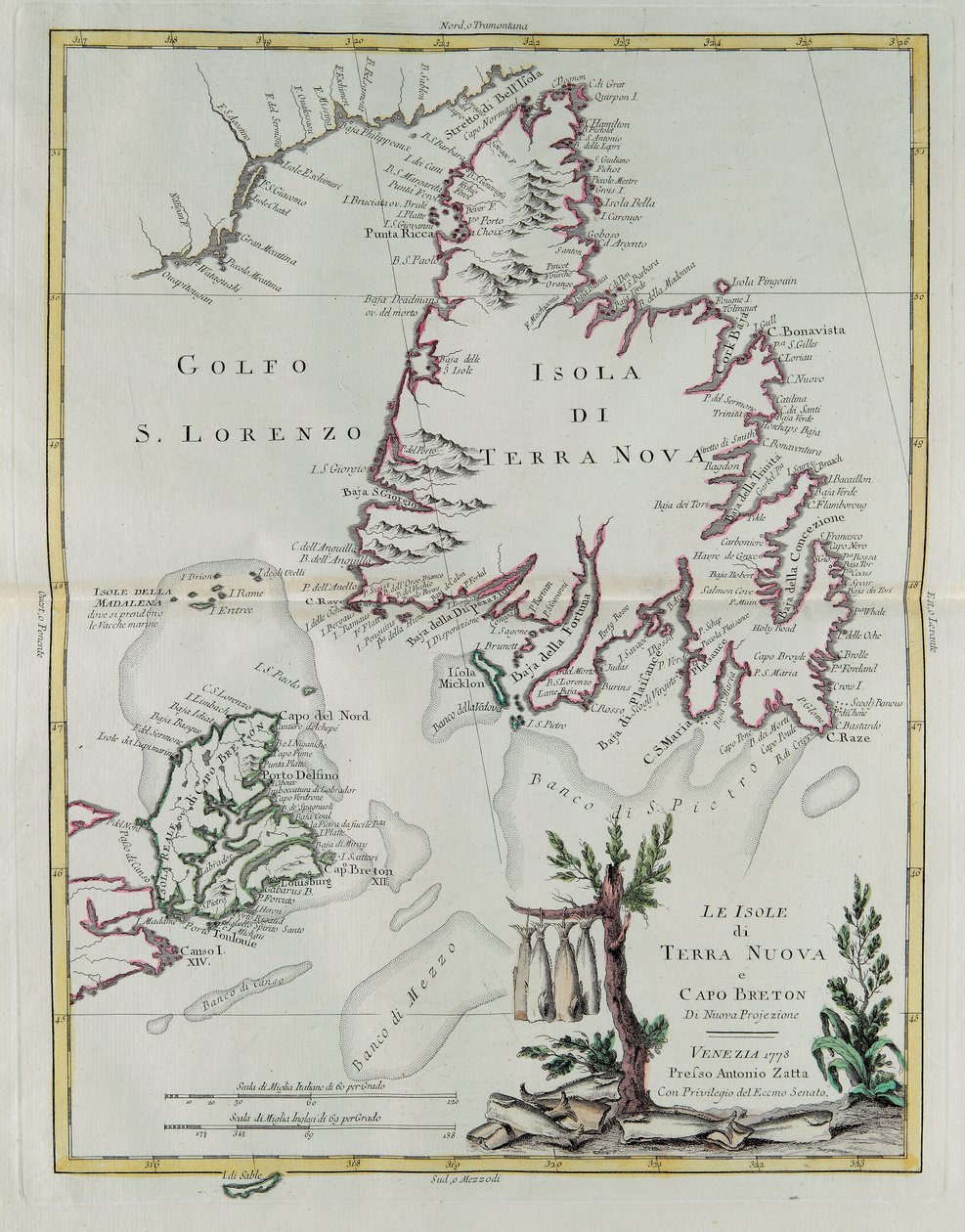 Las islas de Terranova y Cabo Bretón, grabado por G. Zuliani tomado del Tomo I del "Atlas Más Nuevo" publicado en Venecia en 1778 por Antonio Zatta, Colección Privada de G. Zuliani