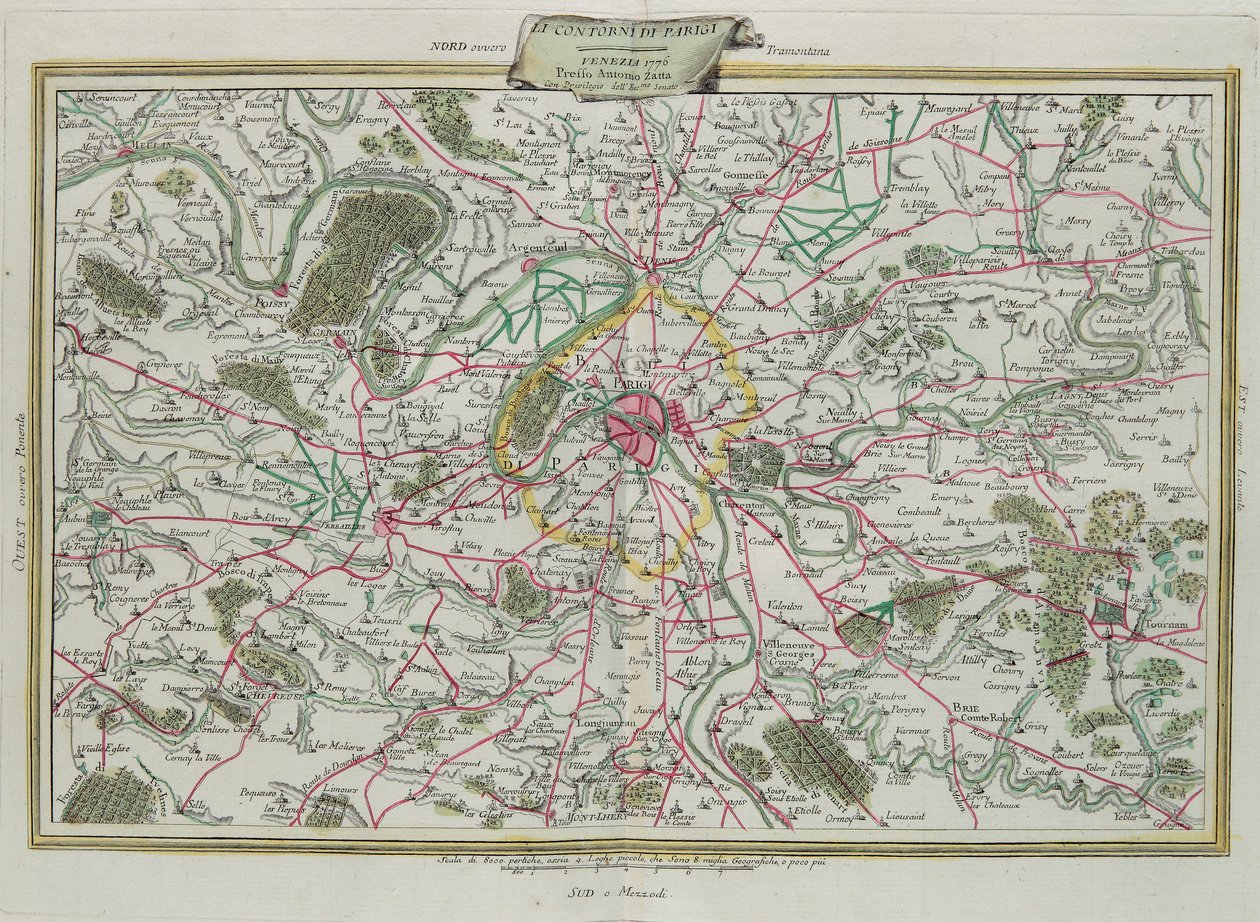 El contorno de París, Las Gobernaciones de Francia y Orleans, grabado por G. Zuliani tomado del Tomo I del Nuevo Atlas publicado en Venecia en 1776 por Antonio Zatta, Colección Privada de G. Zuliani