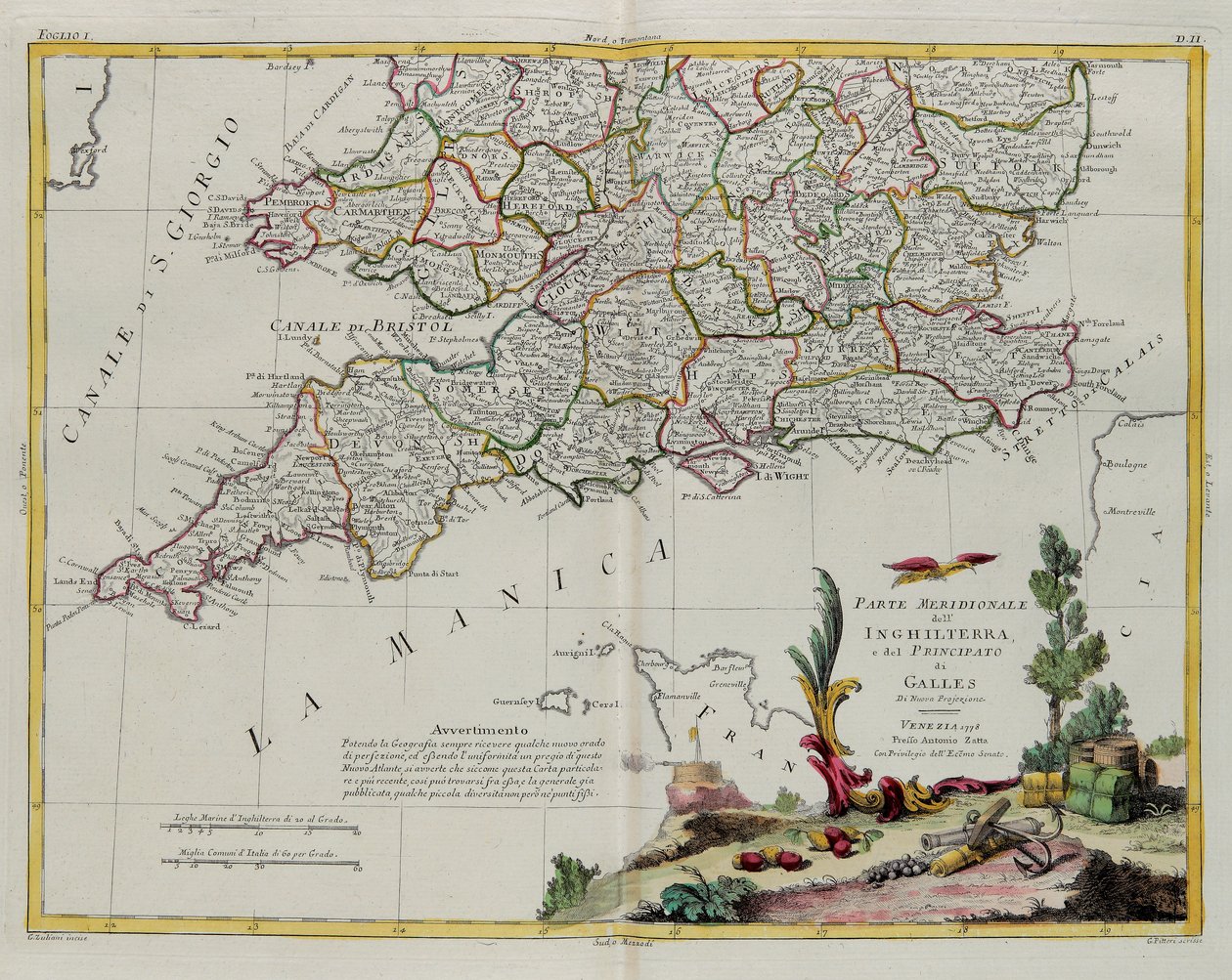 La parte sur de Inglaterra y del Principado de Gales, grabado por G. Zuliani tomado del Tomo I del Nuevo Atlas publicado en Venecia en 1778 por Antonio Zatta, Colección Privada de G. Zuliani