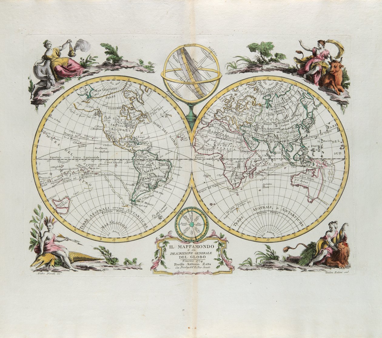 Mapa del mundo y una descripción general del globo, grabado por G. Zuliani tomado del Tomo I del Nuevo Atlas publicado en Venecia en 1774 por Antonio Zatta de G. Zuliani