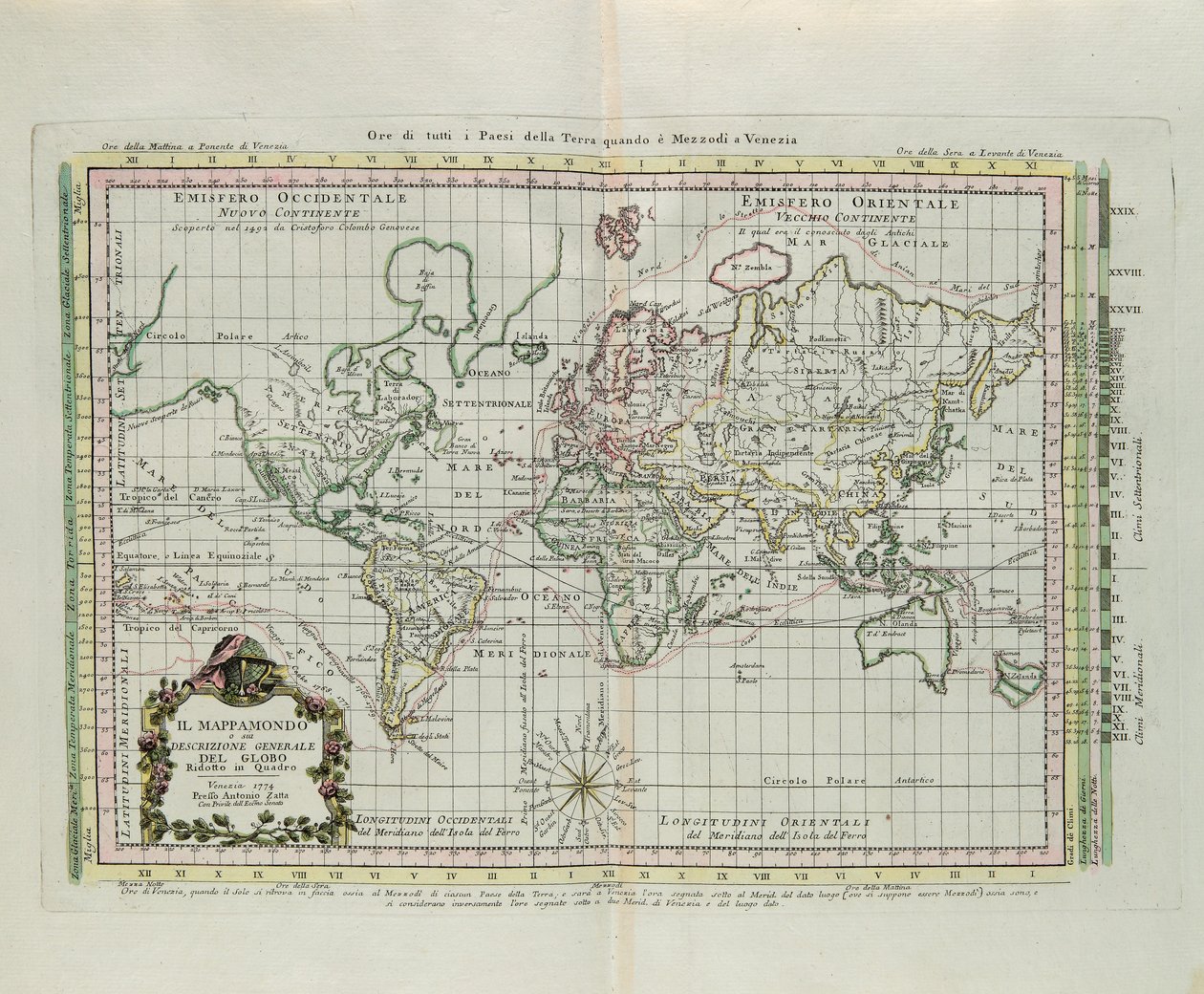 Mapa del Mundo y una descripción general del globo, reducido a una imagen, grabado por G. Zuliani tomado del Tomo I del "Atlas Más Nuevo" publicado en Venecia en 1774 por Antonio Zatta de G. Zuliani